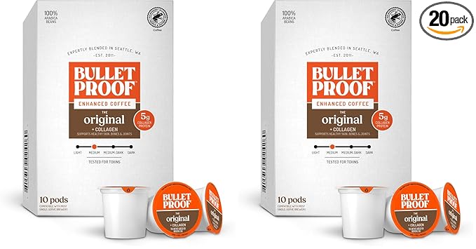 Bulletproof Coffee + Collagen Single-Serve Coffee Pods, 10 Count, 100% Arabica Beans, Clean Coffee Tested for Toxins, Packaging May Vary (Pack of 2)