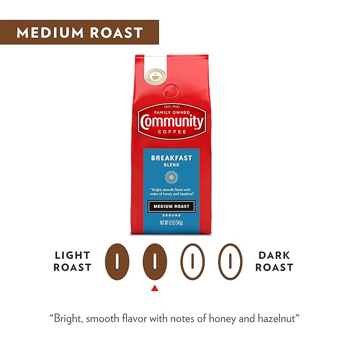 Community Coffee Breakfast Blend 12 Ounces, Medium Roast Ground Coffee, 12 Ounce Bag (Pack of 4)