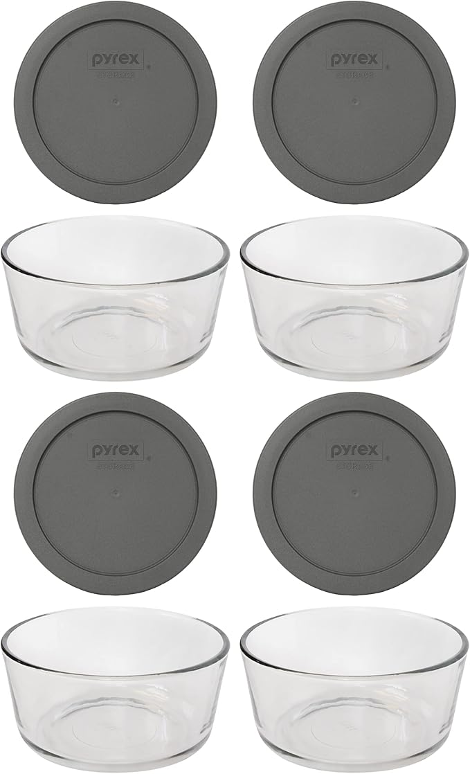 Pyrex 7201 4-Cup Glass Bowl & 7201-PC Puddle Gray Lid (4-Pack) - Made in USA