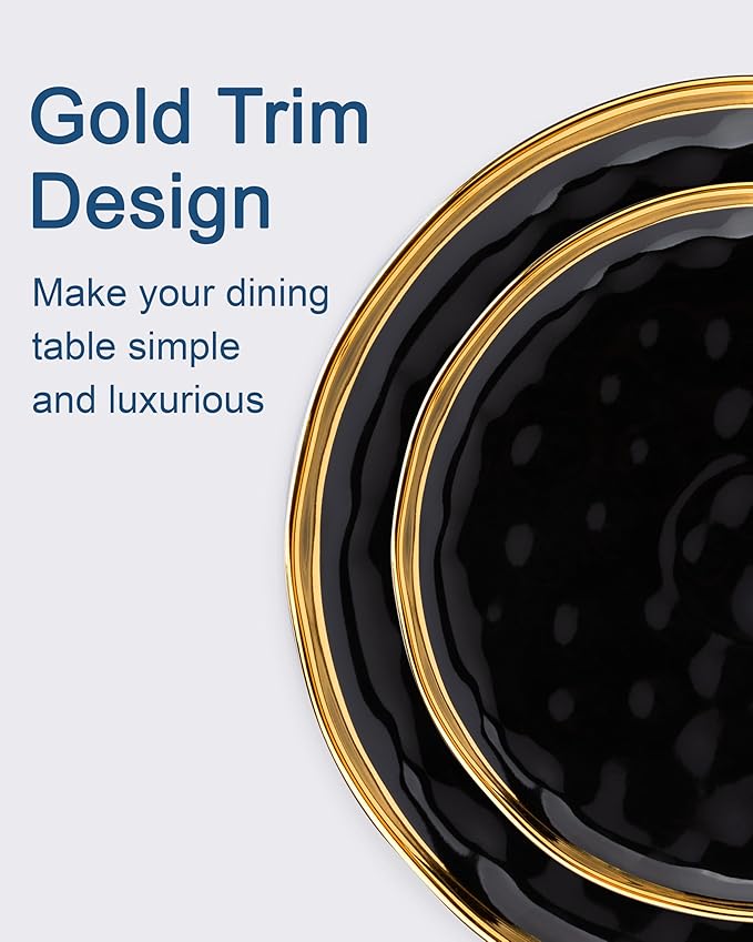 LOVECASA 12 Pieces Plates and Bowls Sets, Porcelain Black and Gold Dinnerware Sets, Round Dinner Plates Dishes Set Service for 4, Dishwasher Safe and Scratch Resistant, Black