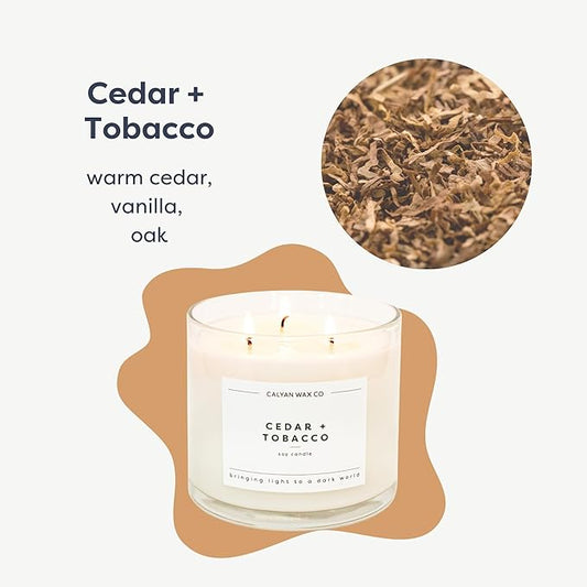 Calyan Wax Co. Cedar & Tobacco 3 Wick Scented Candle - 43 Hour Burn - Luxury 3 Wick Soy Candles - Non Toxic Soy Wax Candles - Long Lasting Large Glass Jar Candle for Home - 14.9oz