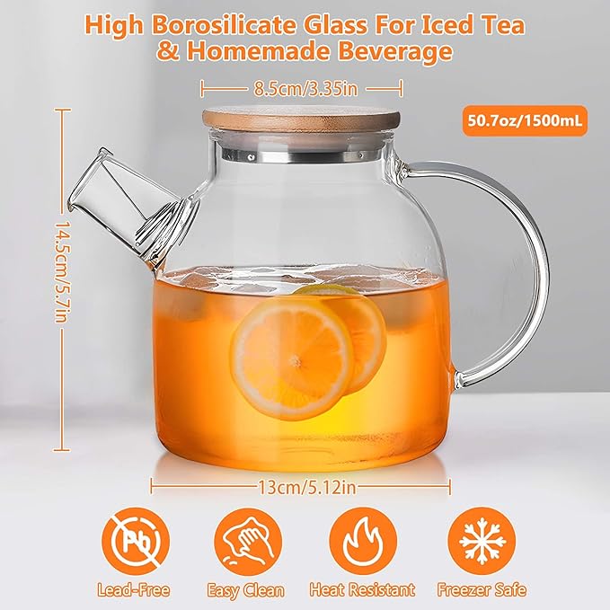 Glass Tea Pot Kettles Stovetop Safe, 50.7oz/1500mL Heatproof Borosilicate Glass Teapot Water Pitcher With Bamboo Lid and Removable Filter Spout for Loose Leaf and Blooming Tea