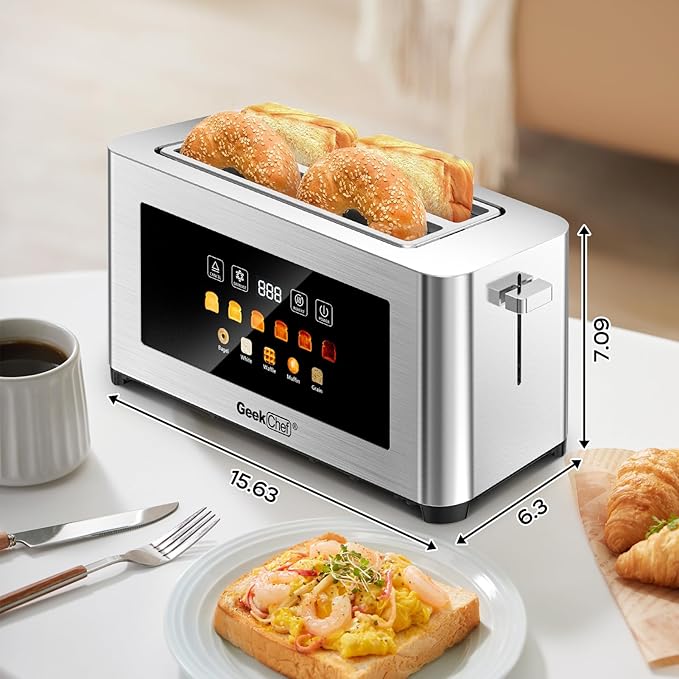 Geek Chef Touch Screen Toaster 4 Slice, 1.5" Extra Wide Slots for Bagels & Waffles, 6 Browning Levels, Timer, Reheat, Defrost, Cancel Function, Auto Shut-Off, Removable Crumb Tray, Stainless Steel