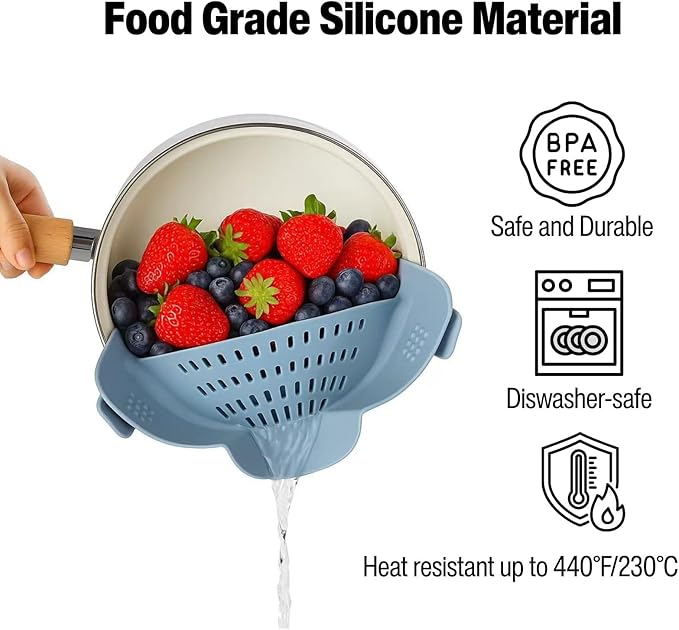 Silicone Pot Strainer, Emptycolor Adjustable Clip On Strainer for Pots Pans, Heat Resistant Pot Drainer, Kitchen Pasta Colander for Vegetables and Noodles (Blue)