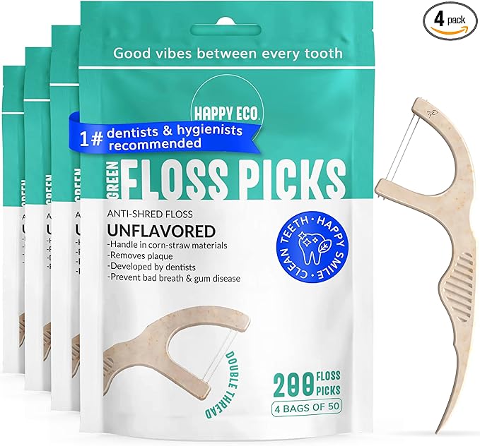 Dental Floss Picks (200pcs) - Flossers for Adults, Vegan Corn-Straw Handle, Superior Oral Care & Anti-Shred Thread, Dental Hygiene, Tooth Pick Sticks, Teeth & Gum Health (Unflavored, Double Thread)
