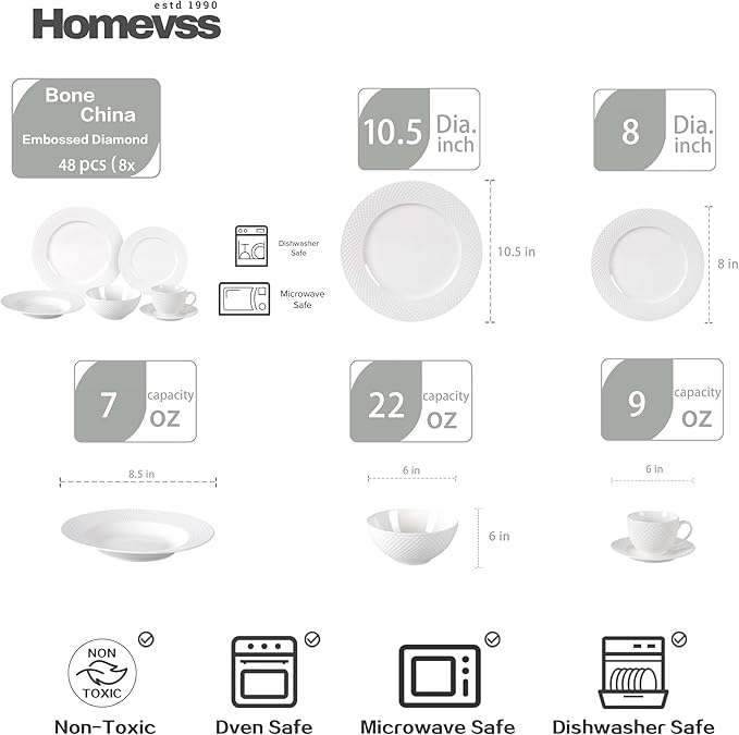 HomeVss, New Bone China Dinnerware Set, Embossed Diamond Design, 48pc Set