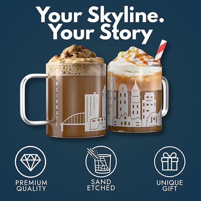 Greenline Goods – Cincinnati, OH Skyline Glass Coffee Mugs (Set of 2), 15 oz – Etched Wrap Design