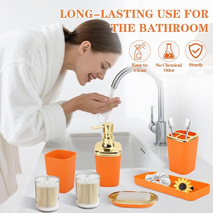 Orange Bathroom Accessories Set, Orange and Gold Bathroom Accessories with Trash Can, Soap Dispenser, Soap Dish, Toothbrush Holder and Q-tip Holders