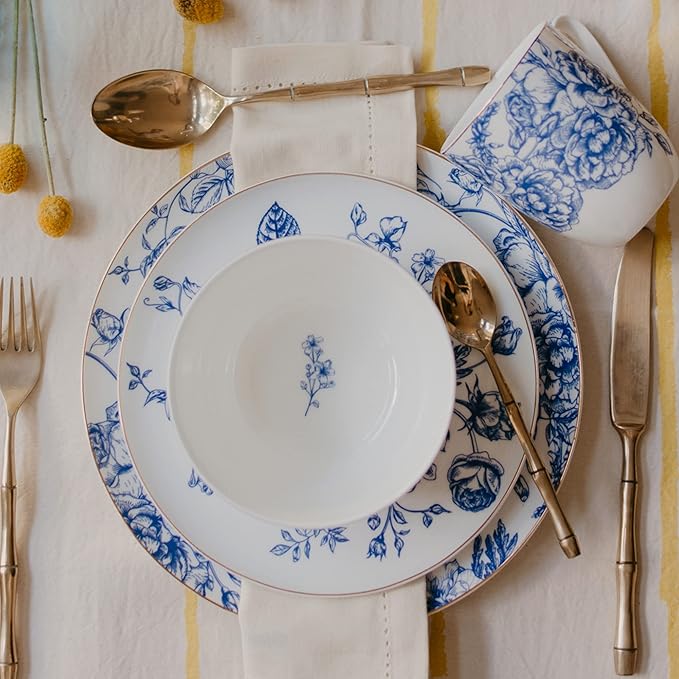 Blue Rose Plates and Bowls Sets Dishes Set for 4, Ceramic Plates and Bowls Set, Service for 4, Bone China Dinnerware Set Salad Dessert Plates, and Cereal Bowls Set, Microwave safe by KOKEN