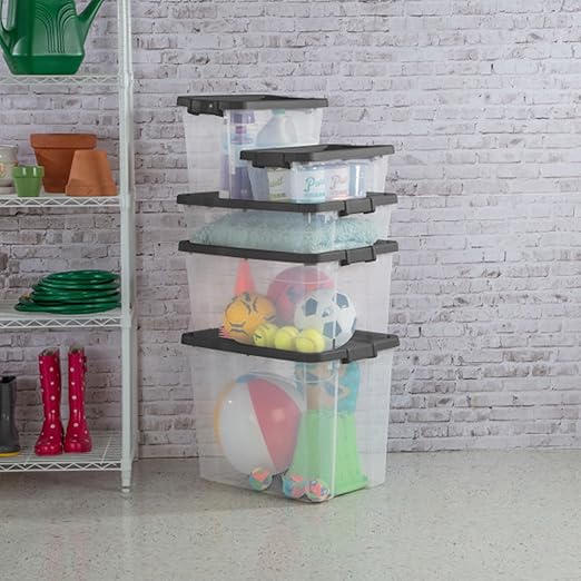 Sterilite 6-Pack Modular Stacker Box, Durable Clear Plastic Storage Bins with Latching Lids, 40 Quart - Stackable Organizing Container Boxes for Closet, Bathroom, and Office