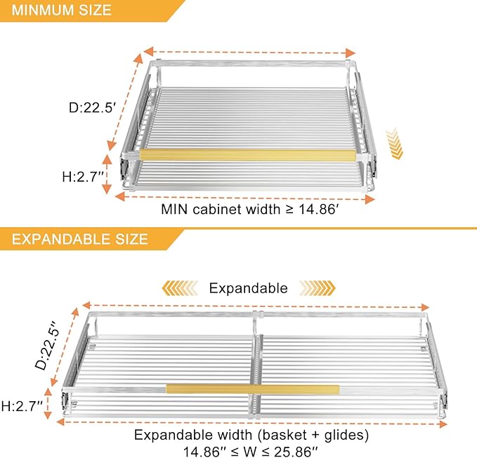 SANNO Expandable Pull Out Cabinet Organizer Slide Out Shelf, Bottom-Mounted Cabinet Sliding Shelf Expandable Shelves for Cupboard Pantry Closet Pots Pans,1pack