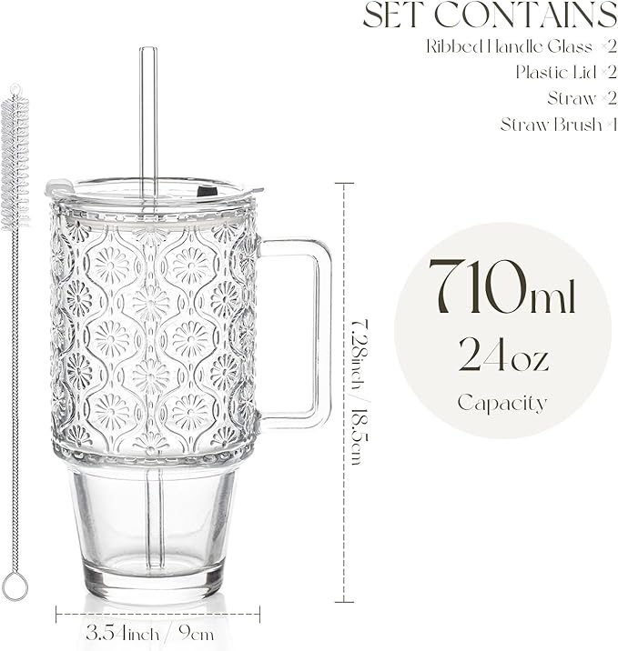 KEMORELA 24 Oz Ribbed Glass Tumblers with Lids and Straws, Tumbler Cup with Handle, Iced Coffee Glassware, Clear Reusable Drinkware for Smoothies and Beverages