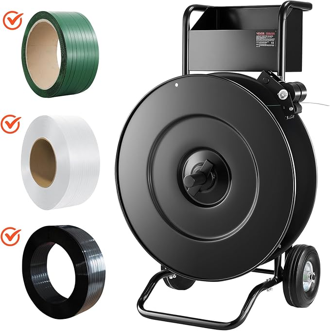 VEVOR Banding Strapping Cart, Fit for PET/PP/Steel Strapping Coils with 8 or 16 inches Core Size, Heavy Duty Strapping Dispenser Equipped with Upgrade Drum Brake, Built-in Spacious Tray for Tools
