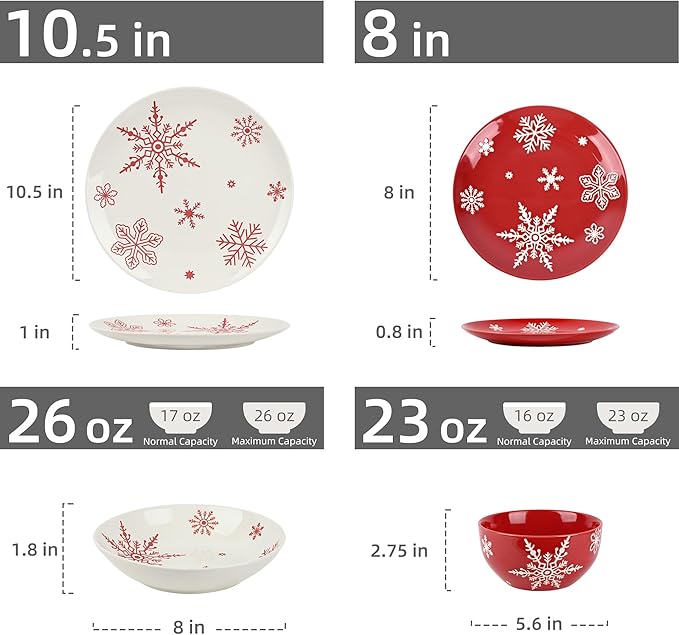 Plates and Bowls, 16 Pcs Christmas Porcelain Dishes Set, Xmas White&Red Snowflake Holiday Dinnerware Sets, Service for 4 for Winter Party Supplies, Microwave and Dishwasher Safe
