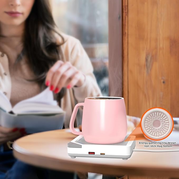Coffee Mug Warmer Set: Coffee Warmer for Desk Auto Shut Off Candle Warmer Plate Electric Beverage Coffee Cup Warmer Heated Coffee Mug for Coffee,Tea, Milk Up to 131°F/55°C, White with Pink Mug