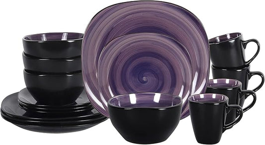 16-Piece Square Dinnerware Set - Serves 4, Inside Spinwash Swirl Purple + Outside Black Plates & Bowls Set | Microwave & Dishwasher Safe