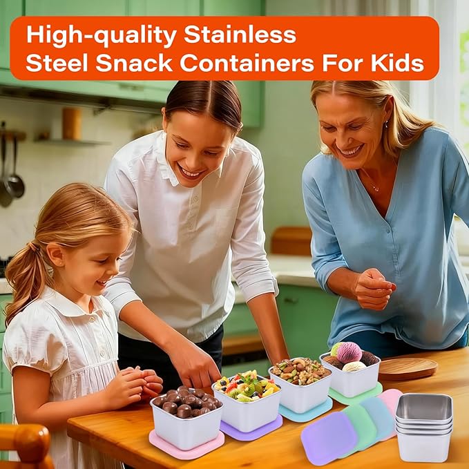 8 Pack Stainless Steel Snack Containers for Kids, 6oz Snack Box with Silicone Lids,Stackable Portable Small Food Storage Container for Picnic,Travel,School,Office,and Daycare