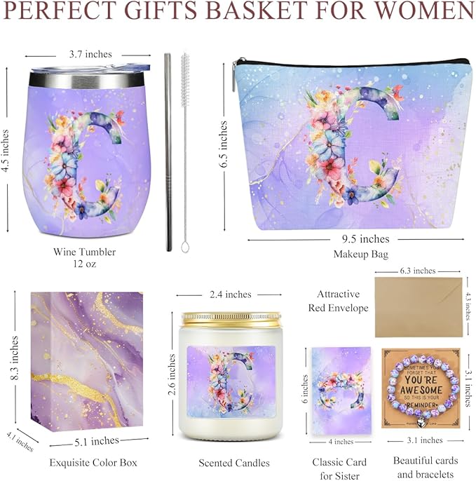 Personalized Gifts Monogrammed Birthday Gifts for Women, Cowerker Bride Wife Sister Wedding Christmas Initial Wine Tumbler Makeup Bag Scented Candle Bracelet Set, (Aesthetic Purple Flower C)
