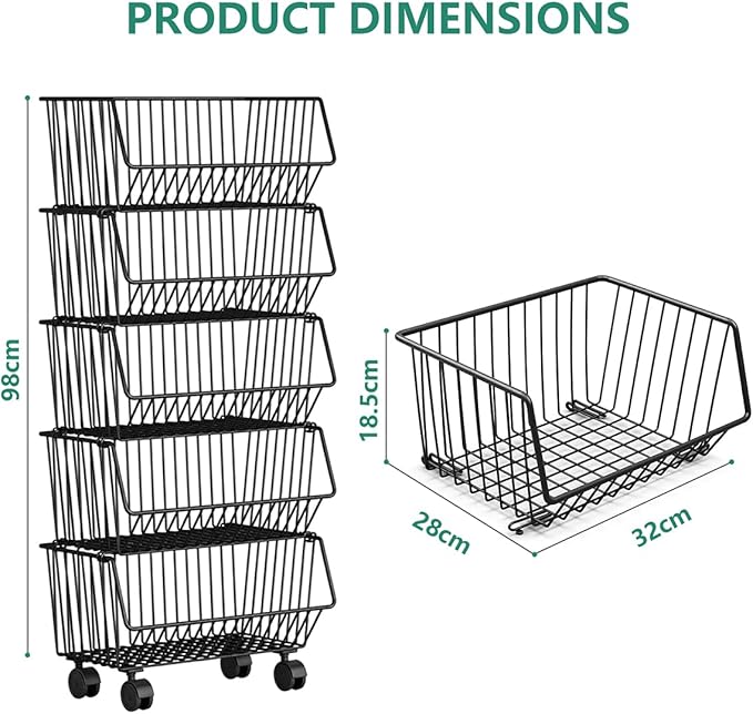 Wire Baskets Organization with Rollers for Kitchen and Home Storage, Vegetable Fruits Metal Basket for Countertop and Corner, Wire Basket Storage Bins for Space Utilization, Durable, 5 Tiers