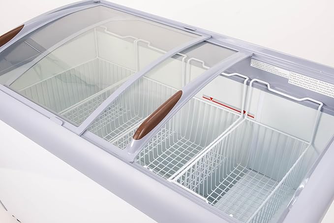 Frigidaire Commercial Chest Freezer for Ice Cream and Frozen Foods, Store Displayer, Glass Top Storage Case, 9 Cu. Ft. Bin, Rolling Caster Wheels, Adjustable Temperature, Energy Efficient Cooling