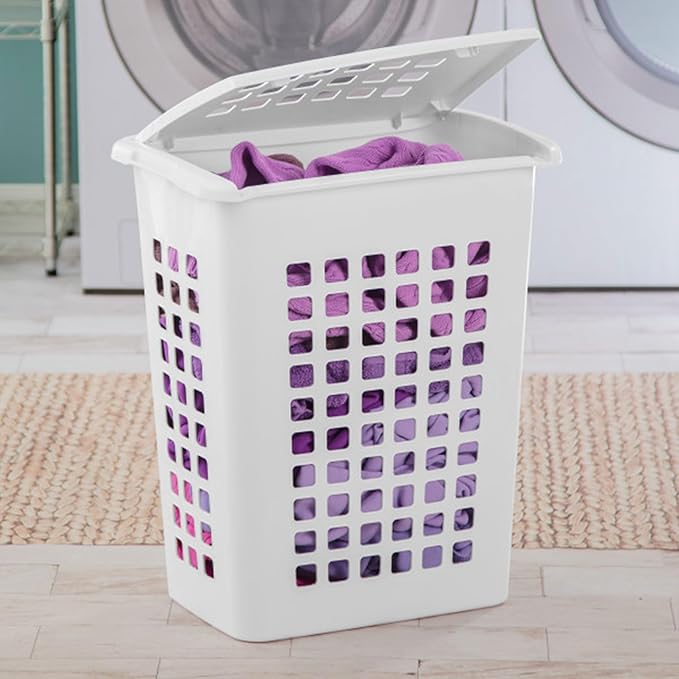 Sterilite Rectangular LiftTop Laundry Hamper with Lid, Handles to Easily Carry Clothes Between the Laundry Room and Bedroom, Plastic, White, 12-Pack