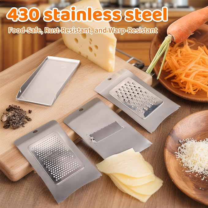 3-in-1 Handheld Cheese Grater Set for kitchen - Adjustable Slicer, Grater and Shredder with Tray - 430 Stainless Steel for Cheese, Butter, Vegetables, Chocolate, Dishwasher Safe