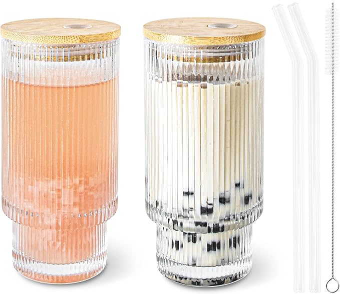 2 Pcs 16oz Glass Cups with Lids and Straws Ribbed Vintage Iced Coffee Glasses for Tea Iced Coffee Soda Cocktail Smoothie(Ribbed*2)