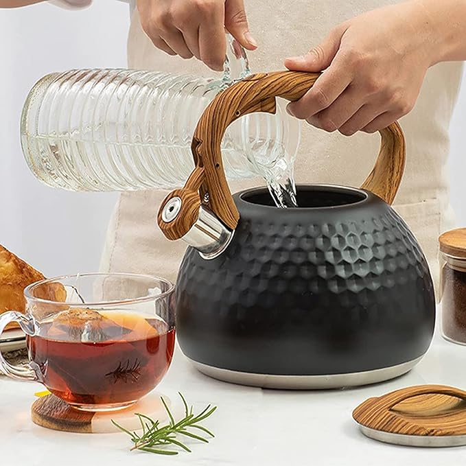 Vilihkc Tea Kettle,3 Quart / 2.8 Stainless Steel Tea Kettles, Food Grade Stovetops Tea pot with Wood Pattern Handle Loud Whistling for Tea, Coffee, Milk etc, Gas Electric Applicable