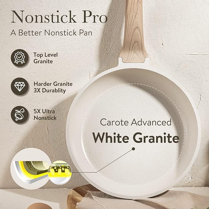 CAROTE Non Stick Frying Pan Skillet, Omelet Pan, Healthy Non Toxic Granite Chef Pan, Induction Compatible Egg Frying Pan with Heat-Resistant Handle, PFOA-Free,Cream White, 8"