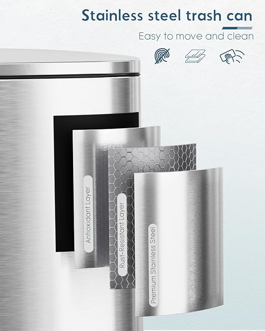 Arlopu 13.2+1.3 Gallon Step Trash Can, Stainless Steel Garbage Bin, Soft-Close Rubbish Bin with Removable Plastic Inner Bucket, Fingerprint-Proof, Lid Dustbin, for Kitchen Home (Silver)