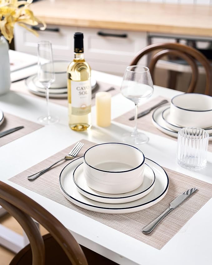 Famiware Porcelain Dinnerware Set, 18-Piece Modern Plate and Bowl Set, dish set for 6, Microwave and Dishwasher Safe Tableware, White with Blue Trim