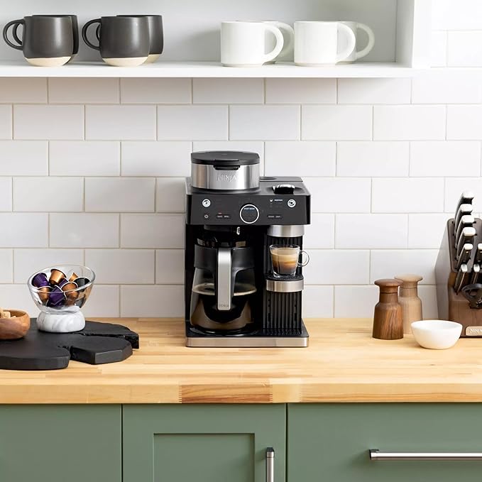 Ninja CFN601 Espresso & Coffee Barista System, Single-Serve Coffee & Compatible with Nespresso Capsule, 12-Cup Carafe, Built-in Frother, Cappuccino & Latte Maker, Black & Stainless Steel (Renewed)