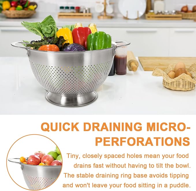 Stainless Steel Colander Set of 3 (1-3.5-5Quart) | Durable Rice and Pasta Strainer with Handle | Oversized Handles | Nesting Design | Rust-Resistant & Dishwasher Safe