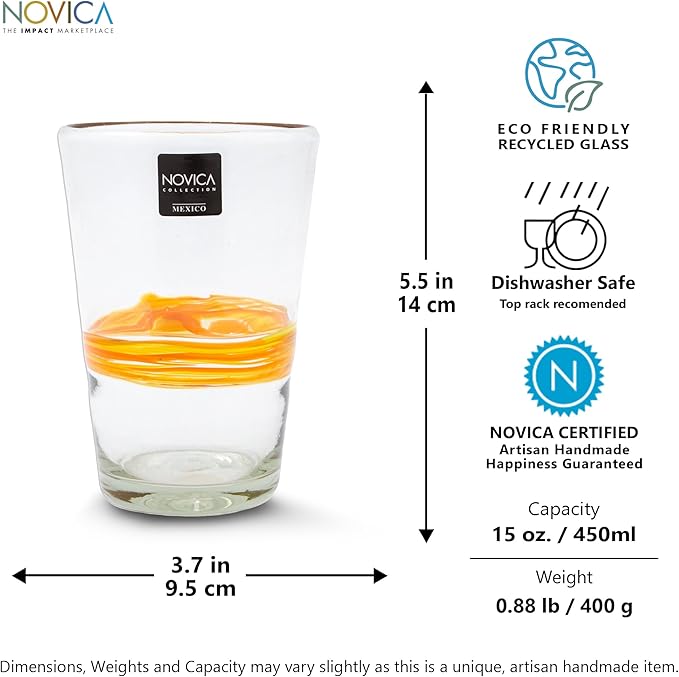 NOVICA Artisan Crafted Yellow Clear Hand Blown Recycled Glass Juice Glasses, 15 Oz. 'Ribbon Of Sunshine' (Set Of 6)