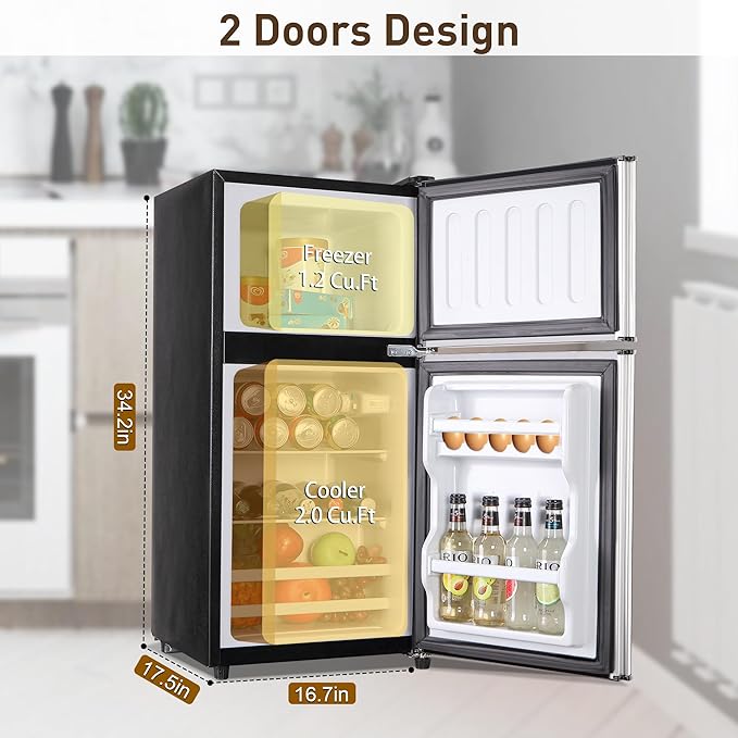 Mini Fridge with Freezer, 3.2 Cu. Ft. Apartment Size Refrigerator with Freezer, Dorm Fridges with Freezer Adjustable Thermostat, Small Refrigerator for Apartment, Office, Kitchen, Dorm, Silver
