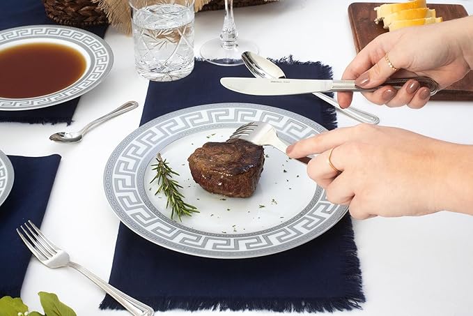 Porcelain 12 Piece Dinnerware Set - Service for 4 - Gorgeous Silver Greek Key Inspired Design - Includes Kitchen Plates, Ceramic Dishes Set for 4 (Meander Silver)