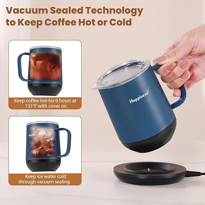 Happiness Smart Heated Coffee Mug,12oz Rechargeable Electric Self Heating Temperature Control Coffee Cup