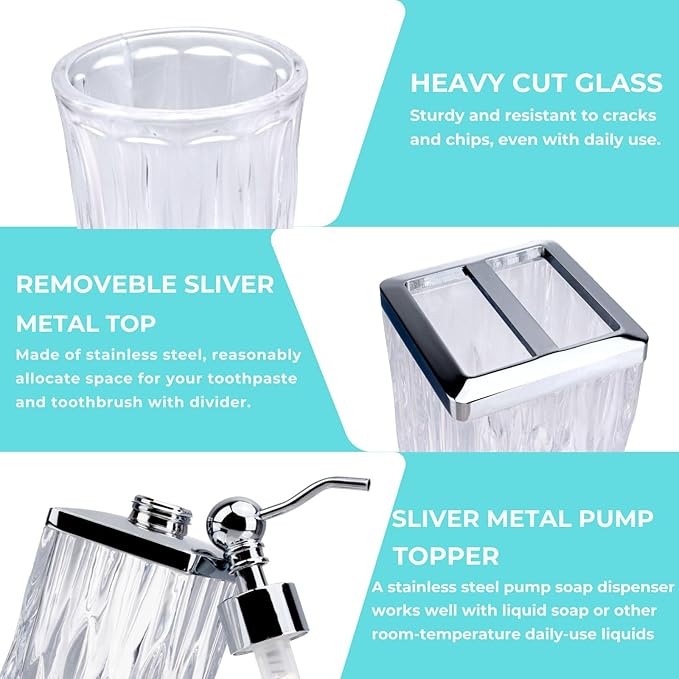 Bathroom Accessories Set,5 Pcs Clear Glass Bathroom Accessory Set,Complete Lotion Soap Dispenser,Toothbrush Holder, Soap Dish,Tumbler & Jar,Modern Bathroom Decor Sets,Gift for Home Apartment,Square