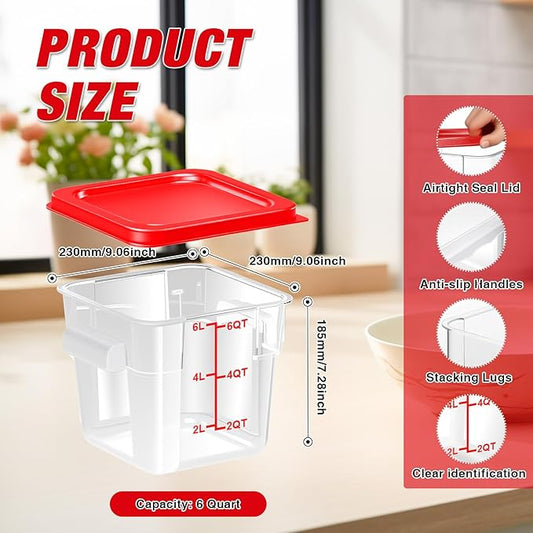 Airtight Square Food Storage Containers with Lids 4-Pack, Lock-Tight Seal for Flour, Sugar, Cereal, Keep Food Fresh, BPA-Free Stackable Kitchen Canisters with Measurements (Red, 6QT-4PACK)