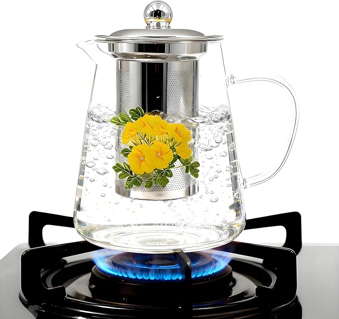 Glass Teapot Stovetop with English Breakfast Tea, 34OZ High Temperature Resistant Borosilicate Clear Tea Kettle with Infuser as Birthday & Christmas Gifts for Women and Men (Transparent)