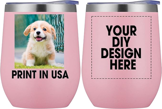 Personalized Custom Wine Tumbler Print in USA 12oz Stainless Steel Travel Coffee Cup with Lid & Straw Double Wall Insulated Mug with Colorful Text Logo Photo