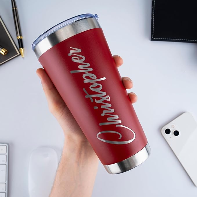 Updated, Personalized Tumblers, Stainless Steel 30 oz Tumbler w/Lid |13 Designs| Personalized Cups Double Walled Insulated Coffee Cup for Travel, Fitness | Hot & Cold Drink Use - Red