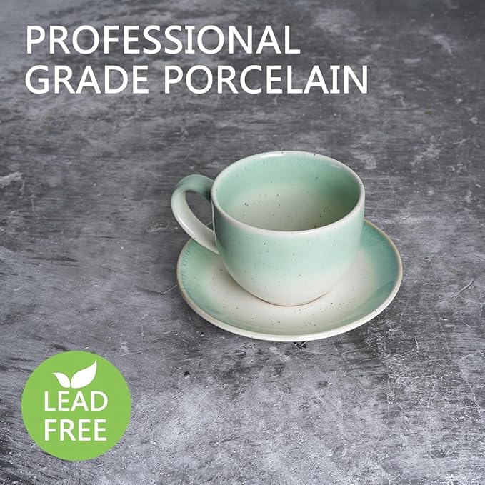 Bosmarlin Ceramic Cappuccino Cup and Saucer Set of 2, 10 Oz, Dishwasher and Microwave Safe, Coffee Cups for Latte, Espresso, Tea, Reavtive Glaze (Green)