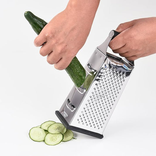 9" 4-Sided Cheese Grater with Soft Touch Handle, Stainless Steel, Rust Proof & Dishwasher Safe