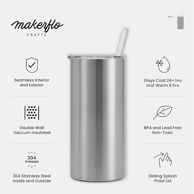 makerflo 20 oz Thick Stainless Steel Tumbler Pack of 25 with Lid & Straw | Craft-Ready for DIY Gifts & Personalization (Epoxy, UV DTF, Vinyl, and Laser Engraving) - Not for Sublimation