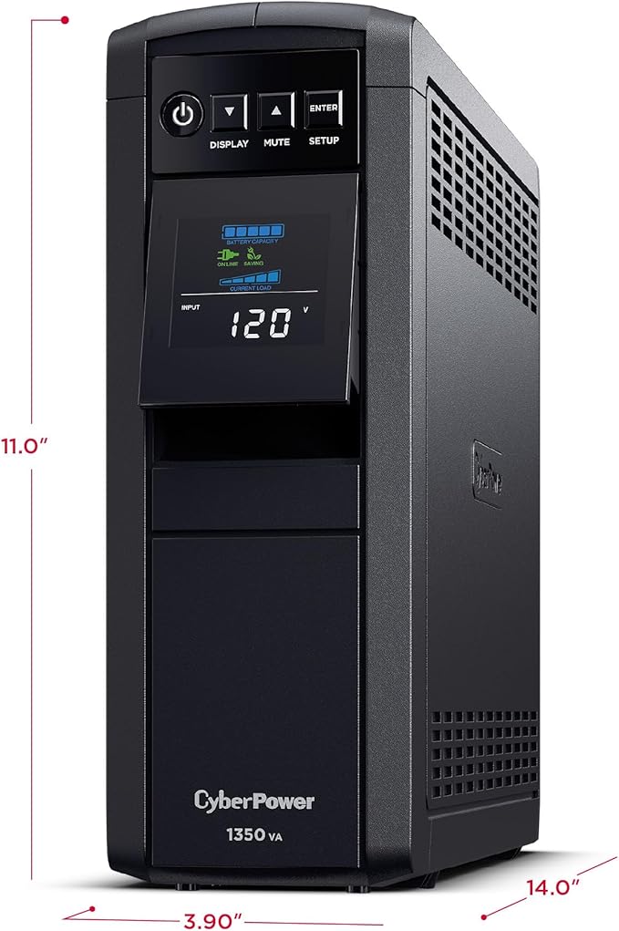 CyberPower CP1350PFCLCD PFC Sinewave UPS Battery Backup and Surge Protector, 1350VA/880W, 12 Outlets, AVR, Mini-Tower; UL Certified