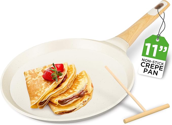 NutriChef 11” Non-Stick Crepe Pan with Wooden Spreader, Durable Marble Coated Dosa Pan, Bakelite And Wood Handle With Induction Bottom, Easy-to-Clean, Stain-Resistant (White Cream Marble)