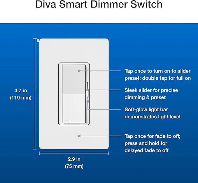 Lutron Diva Smart Dimmer Switch Kit for Caseta Lighting w/ Hub, Pico Remote & Pedestal, Smart Dimmer Works with Apple Home, Ring, Google Home, 3 Way, DVRF-BDG-1DP-A