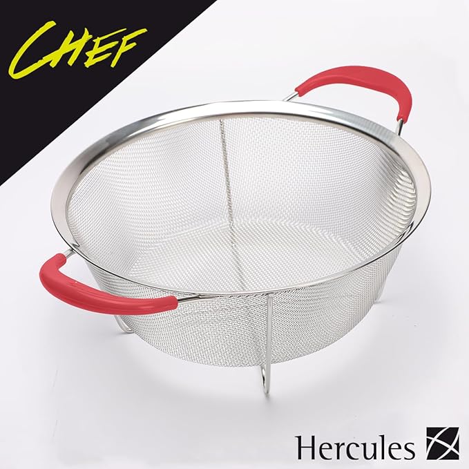 Hercules Chef by Mundial 9.8" Stainless Steel Colander Strainer with Red Silicone Handles – Heavy-Duty Fine Mesh for Pasta, Vegetables & Fruits – Dishwasher Safe Kitchen Essential