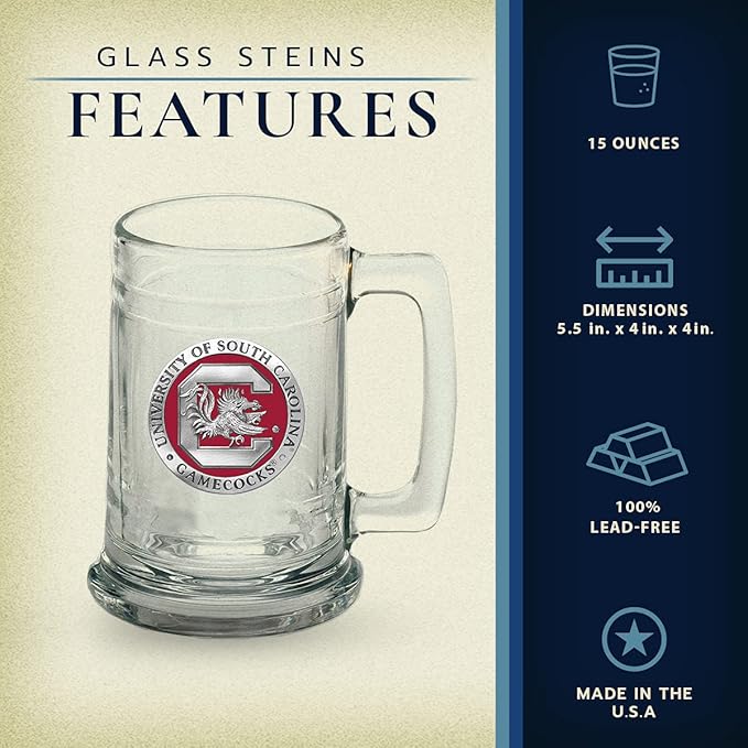 Heritage Pewter South Carolina Gamecocks Stein Glass | 15 Ounce German-Style Beer Glass | Intricately Crafted Metal Pewter Alma Mater Inlay